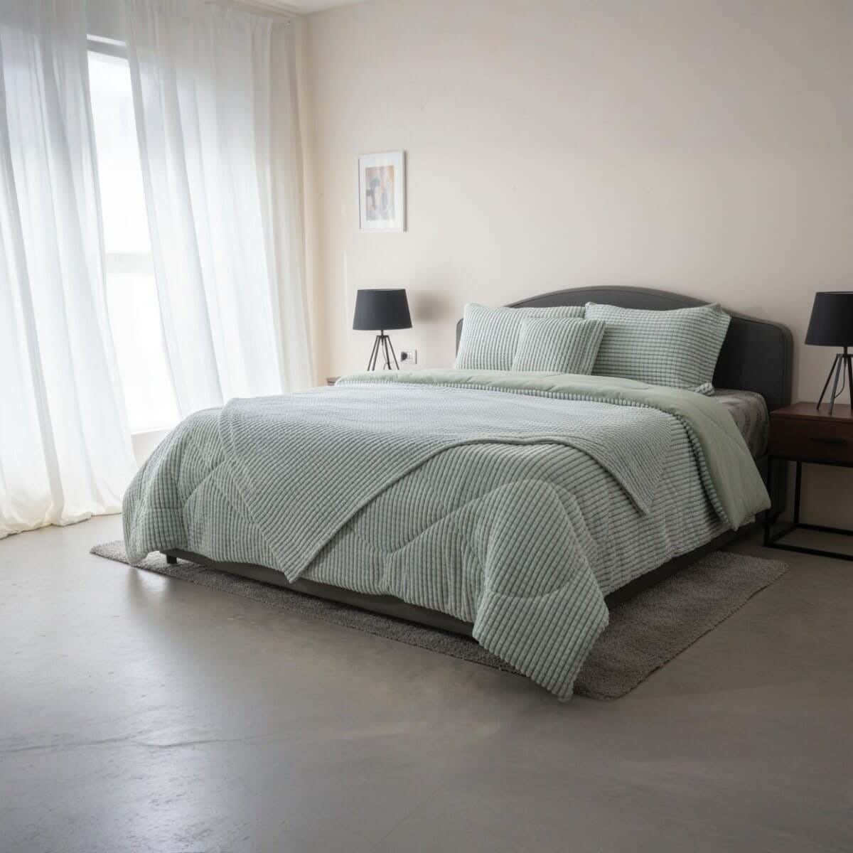 Tabarak Fur Quilt Set, 5 Pieces, 260x240 cm, 7900 gm - Light Green White