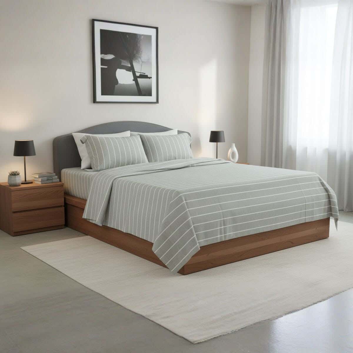 Al Maamoun Cotton Bed Sheet Set, 3 Pieces, 260×240 cm, Approximately 1130 grm - Olive