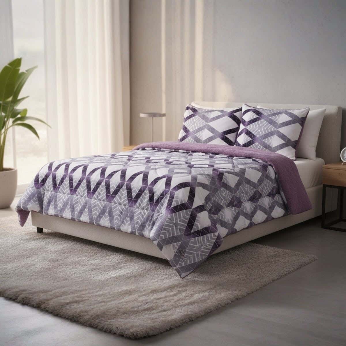 Kashmir Microfiber Quilt Set with fur backing, 3 pieces, 240×240 cm, 4750 gm - White Mauve