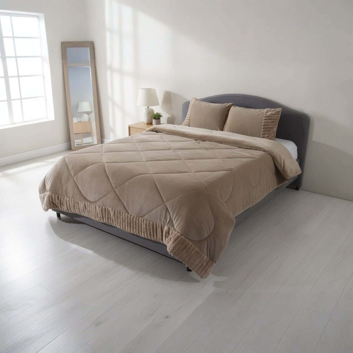 Natali Velvet Quilt Set, 3 Pieces, 240×250 cm, Approximately 4750 grm - Coffee