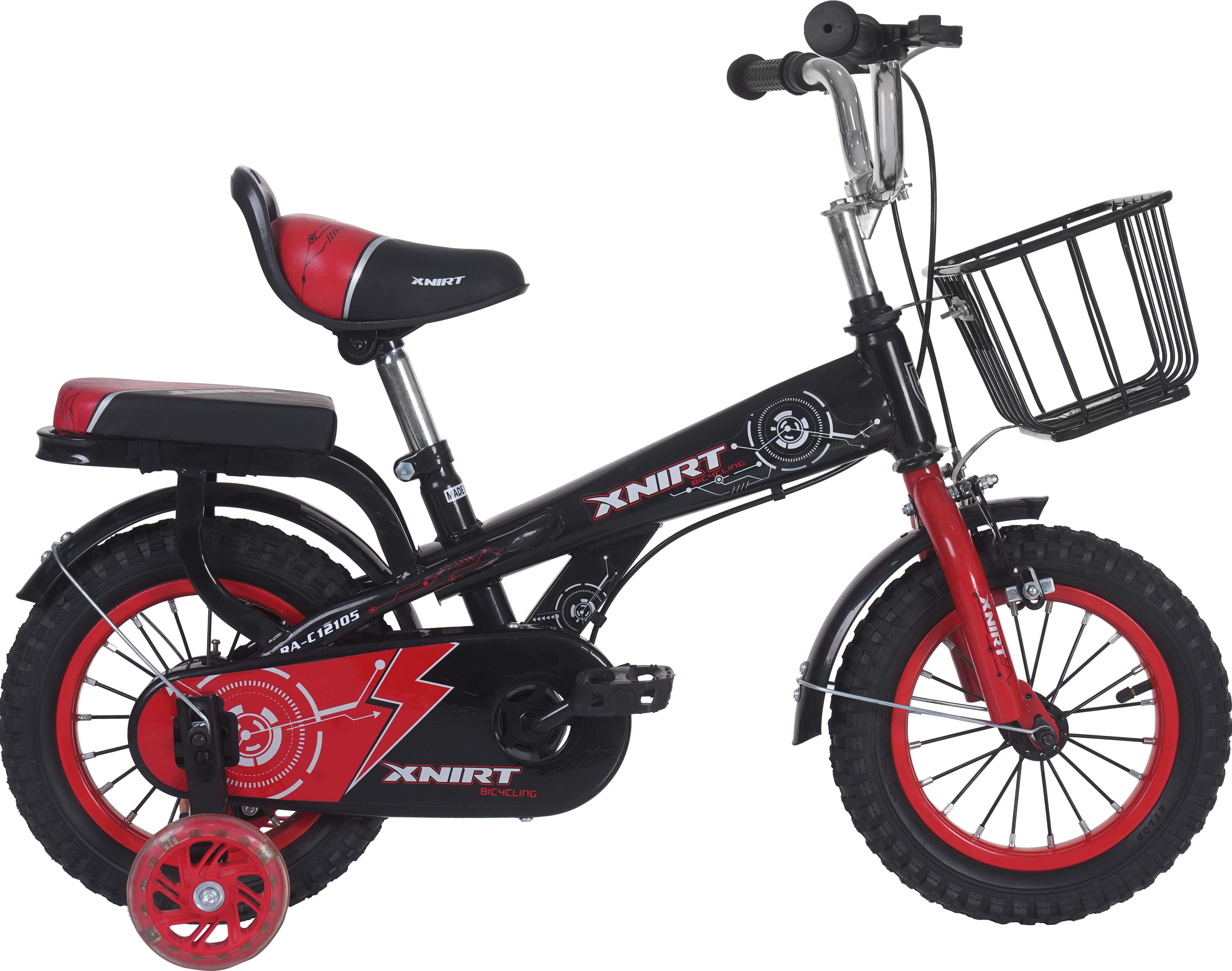 Xnirt Metal Bicycle For Kids, Size 12, with Padded Rear Seat and Front Basket - Black Red