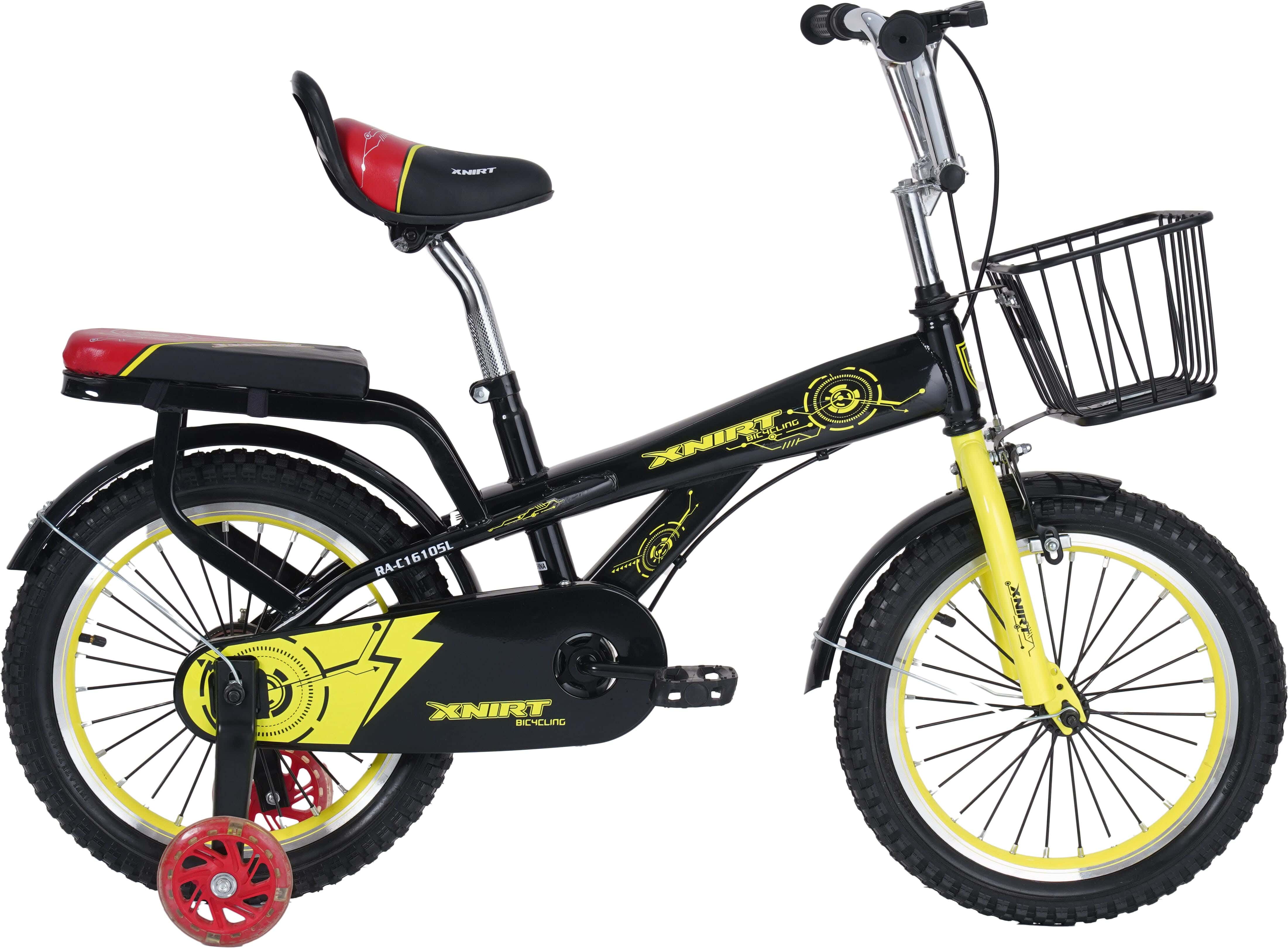 Xnirt Metal Bicycle For Kids, Size 16, with Padded Rear Seat and Front Basket - Black Lemon