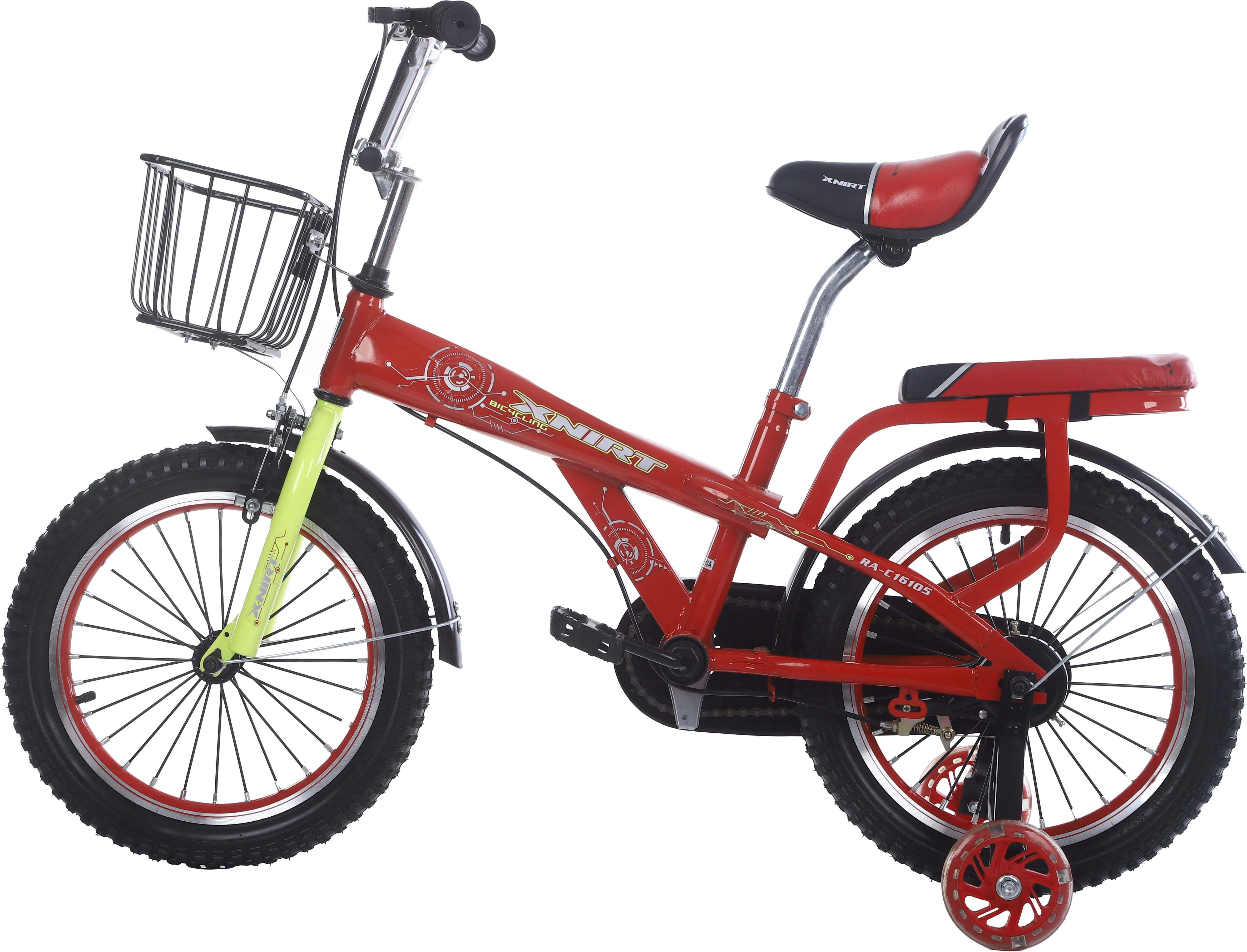 Metal Children's Bicycle, Size 16, with Padded Rear Seat and Front Basket - Black Red