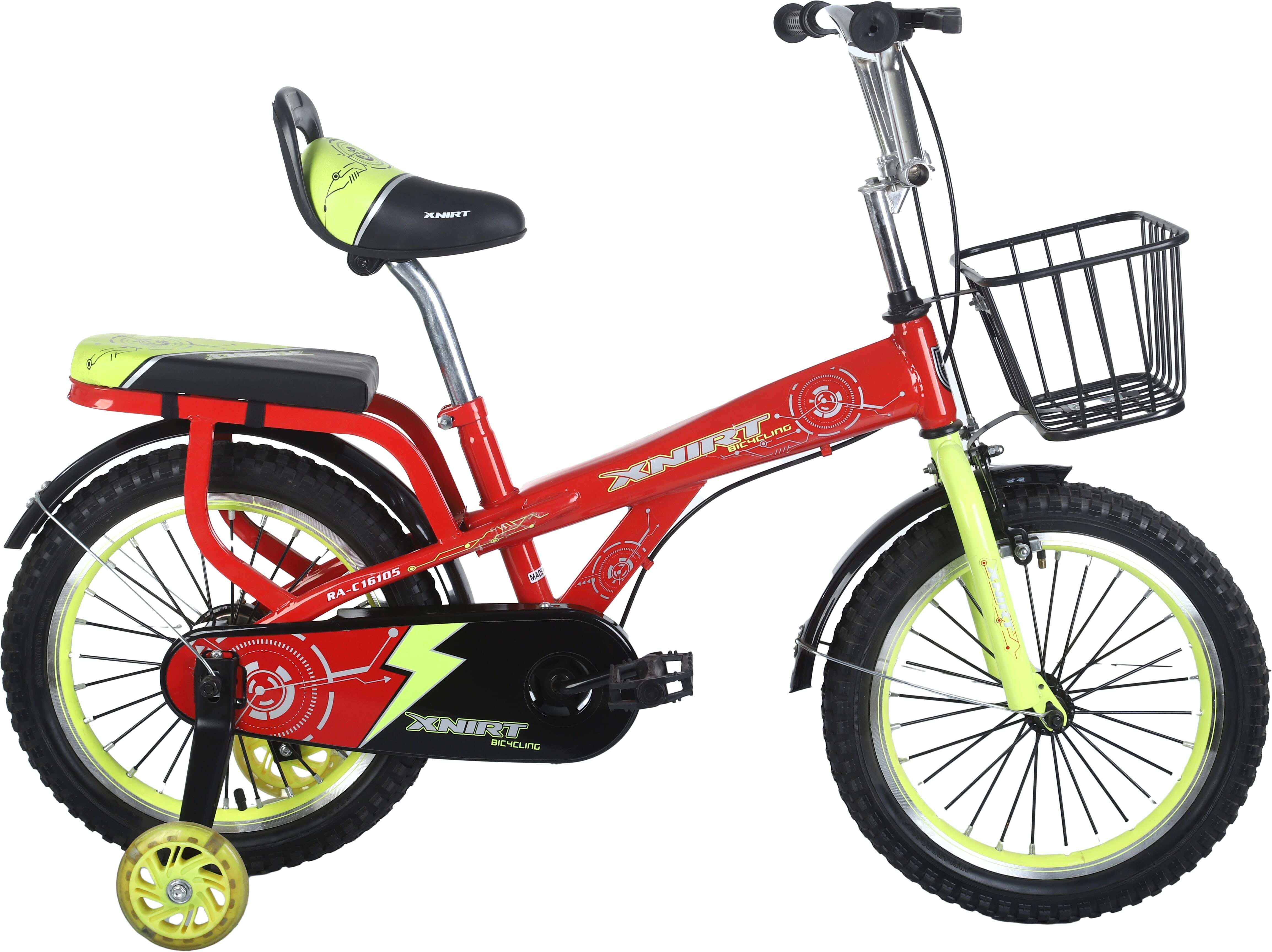 Xnirt Metal Bicycle For Kids, Size 16, with Padded Rear Seat and Front Basket - Red Lemon
