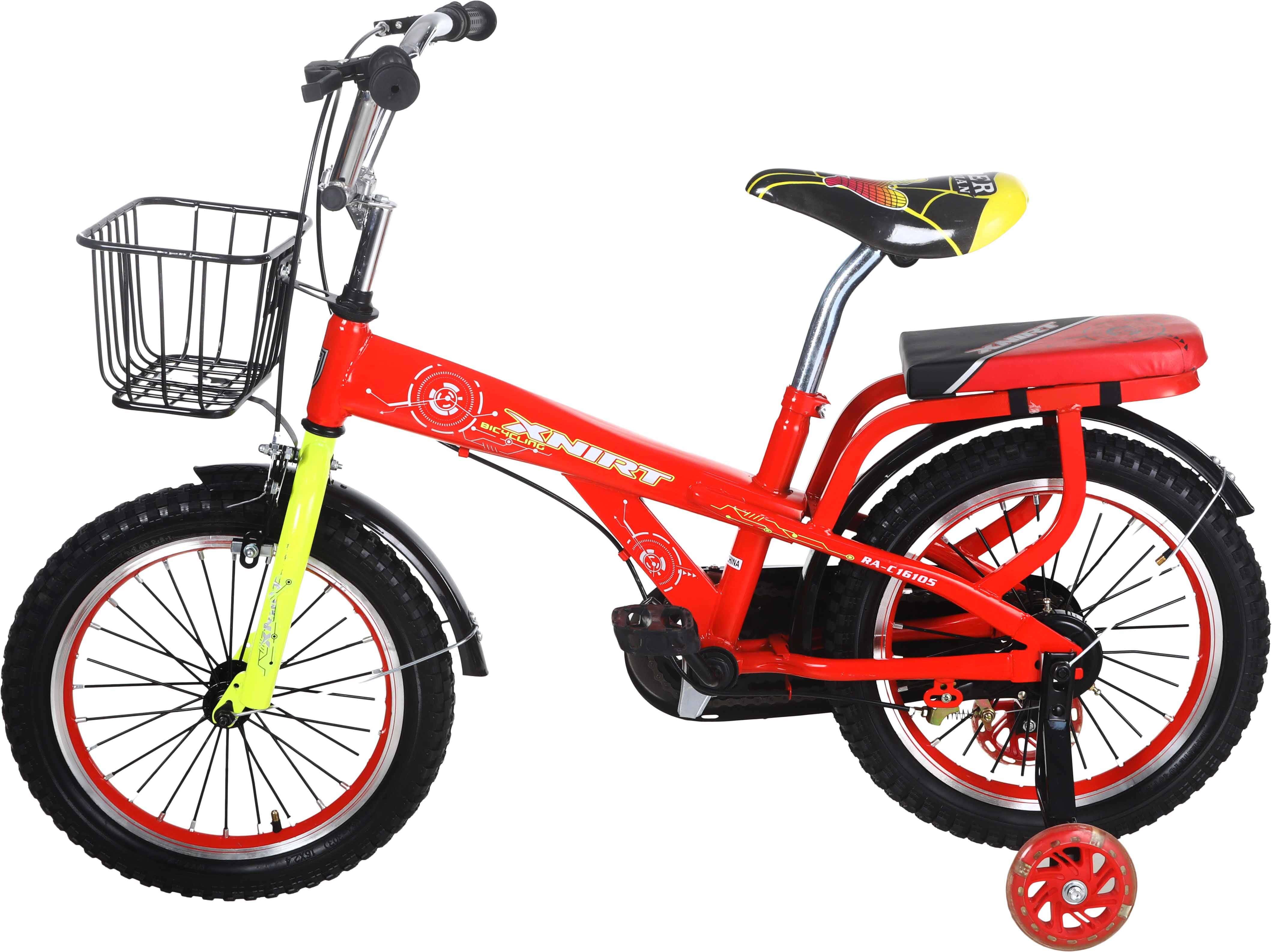 Xnirt Metal Bicycle For Kids, Size 16, with Padded Rear Seat and Front Basket - Red Lemon