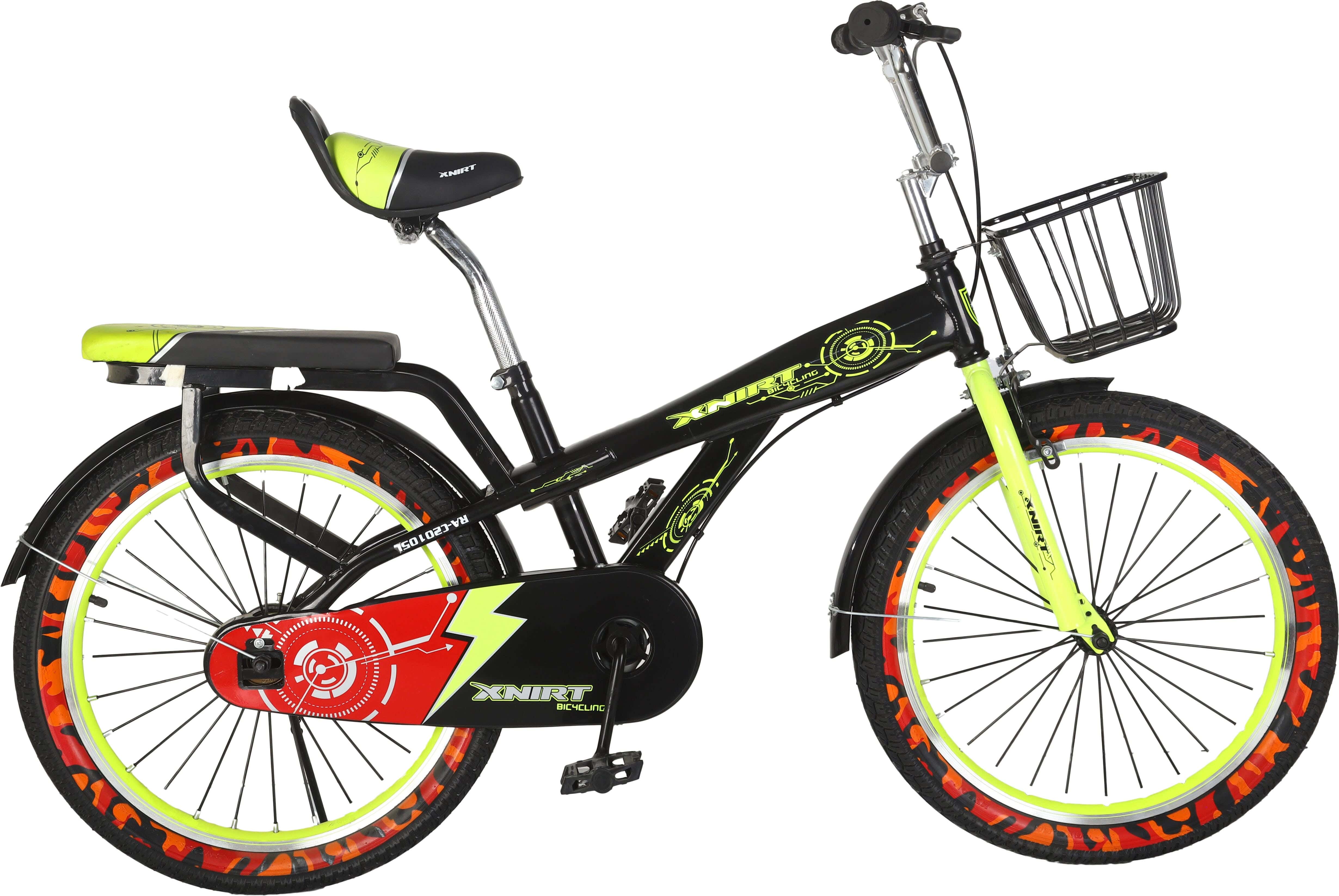 Xnirt Metal Bicycle For Kids, Size 20, Padded Rear Seat and Front Basket - Black Lemon
