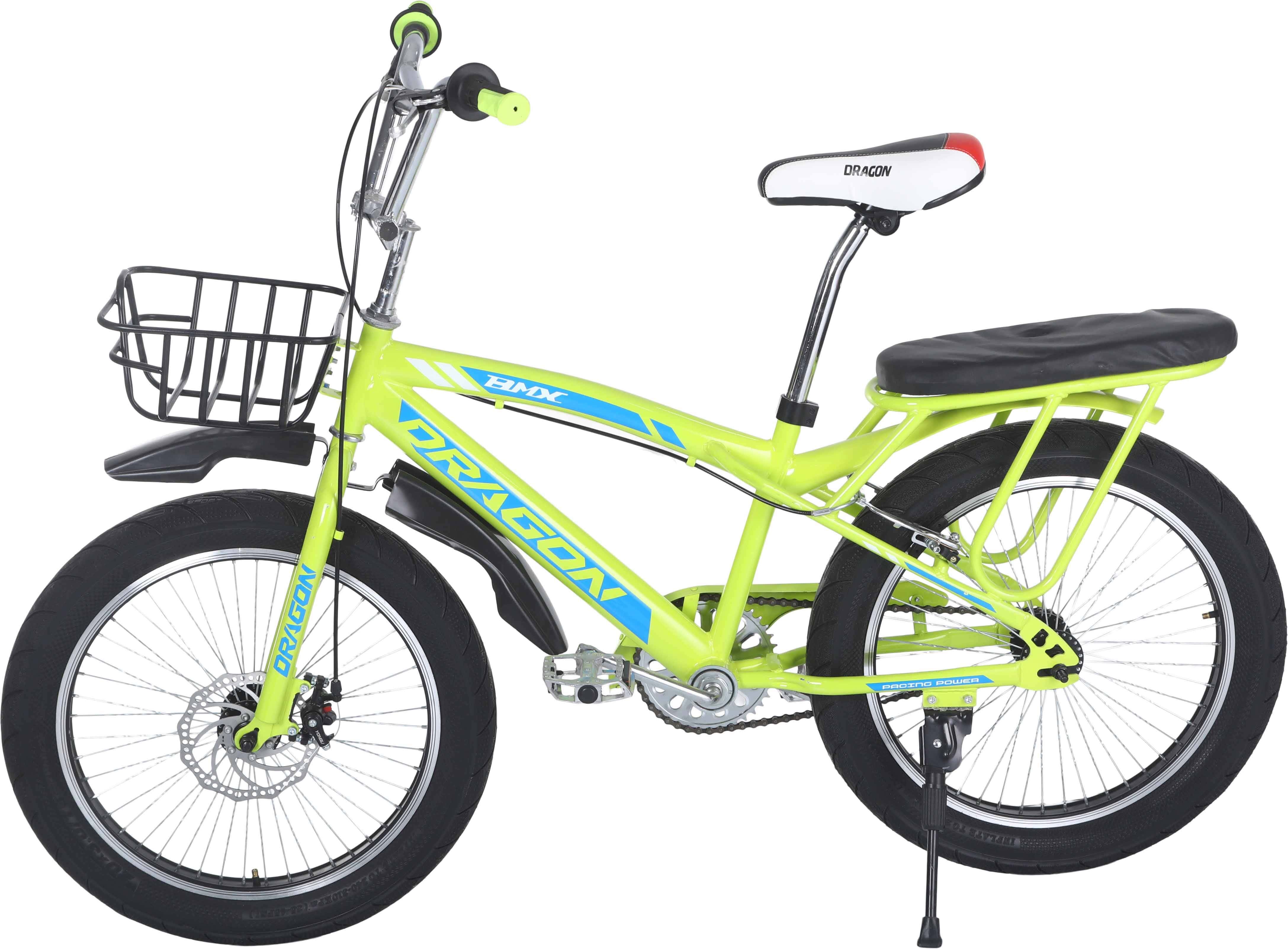Dragon Metal Bicycle For Kids, Size 20, with Padded Rear Seat and Front Basket - Lemon