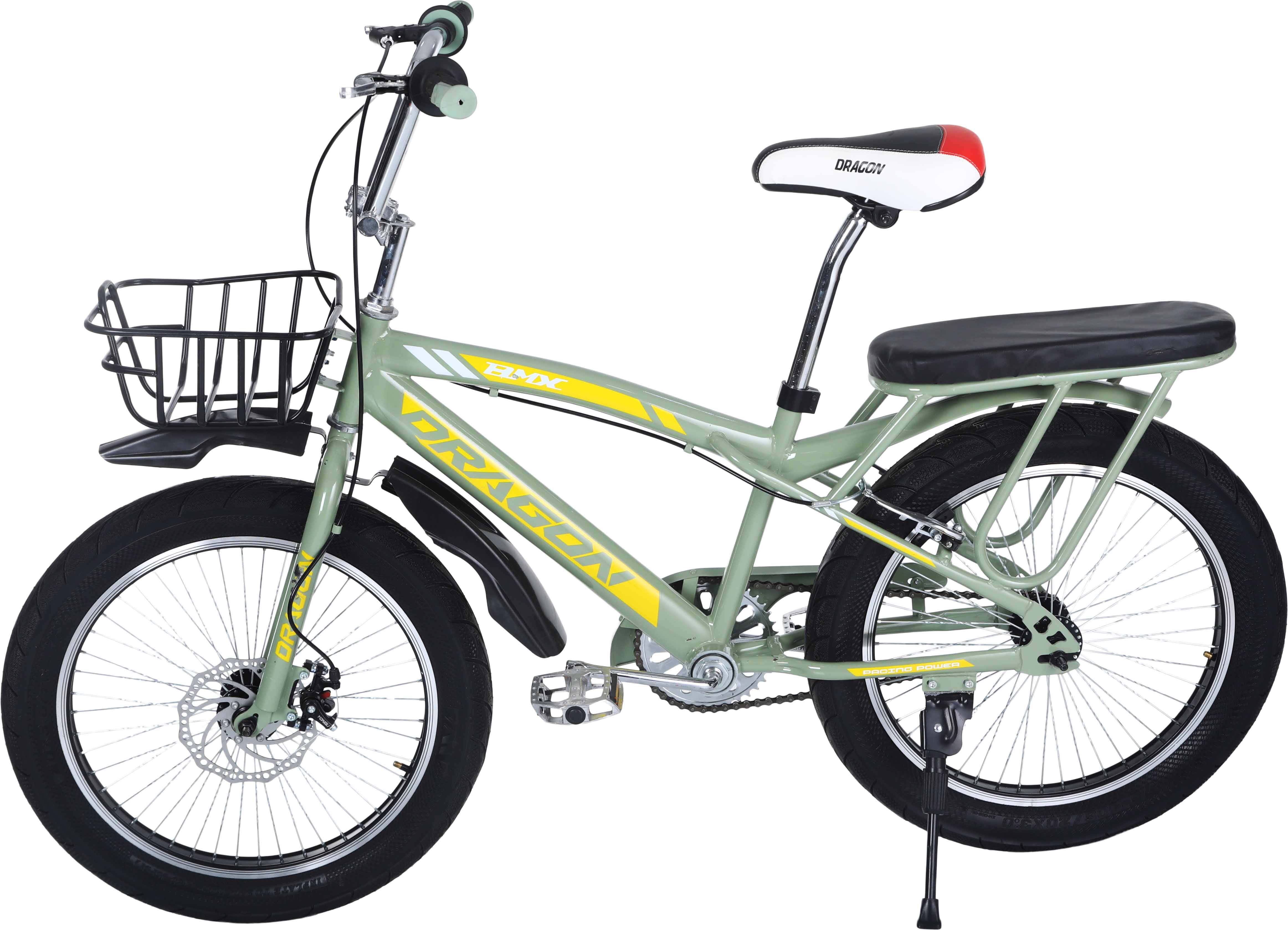 Dragon Metal Bicycle For Kids, Size 20, with Padded Rear Seat and Front Basket - Olive