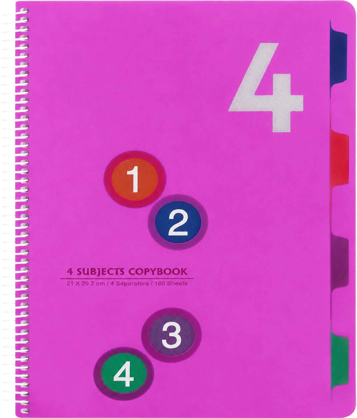 A4 plastic spiral-bound notebook, 160 sheets, 21×29.7 cm, 4 Separators - Pink