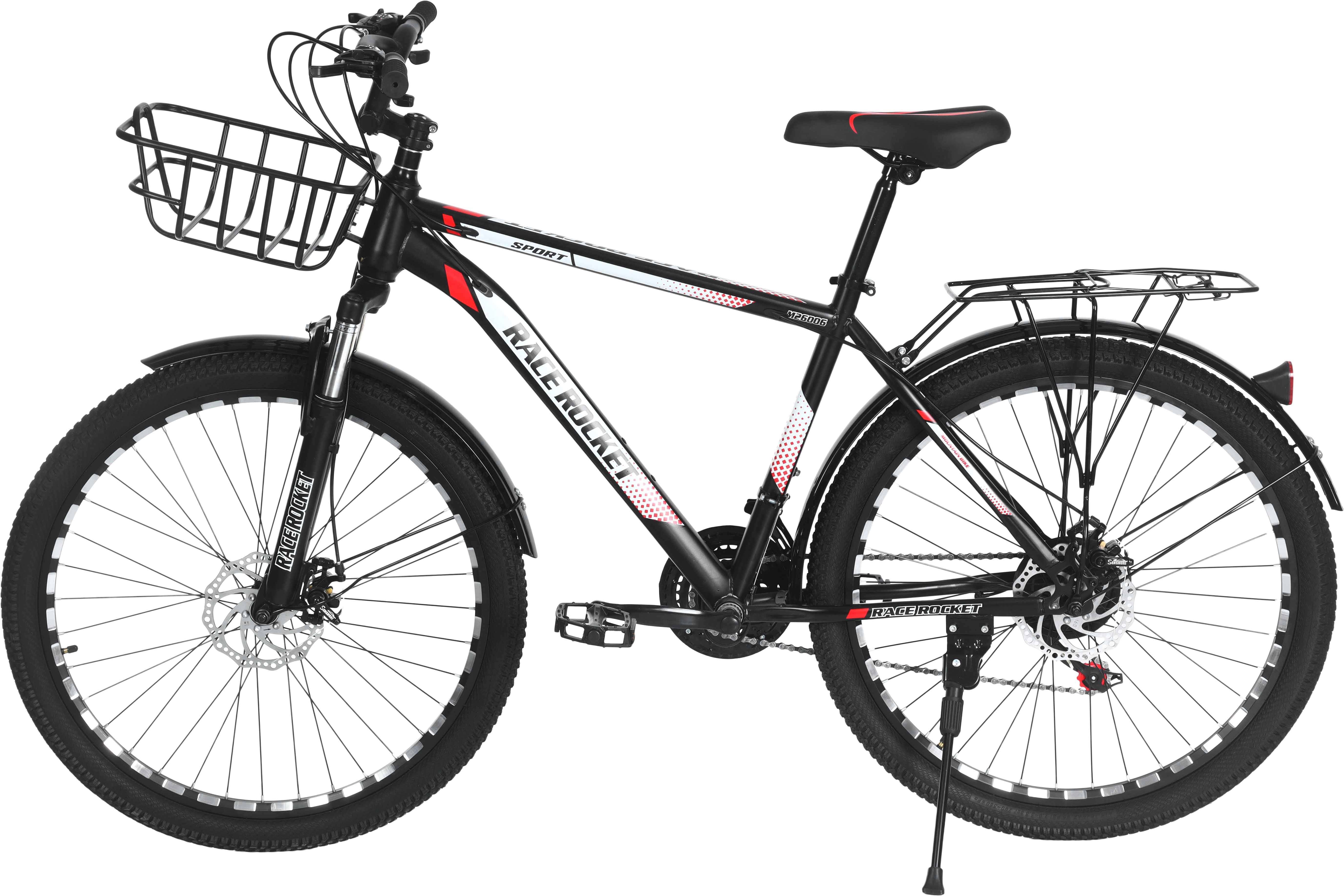 Race Roket Metal Bicycle For Adults, Size 26, Gears, Suspension, Front Basket - Black