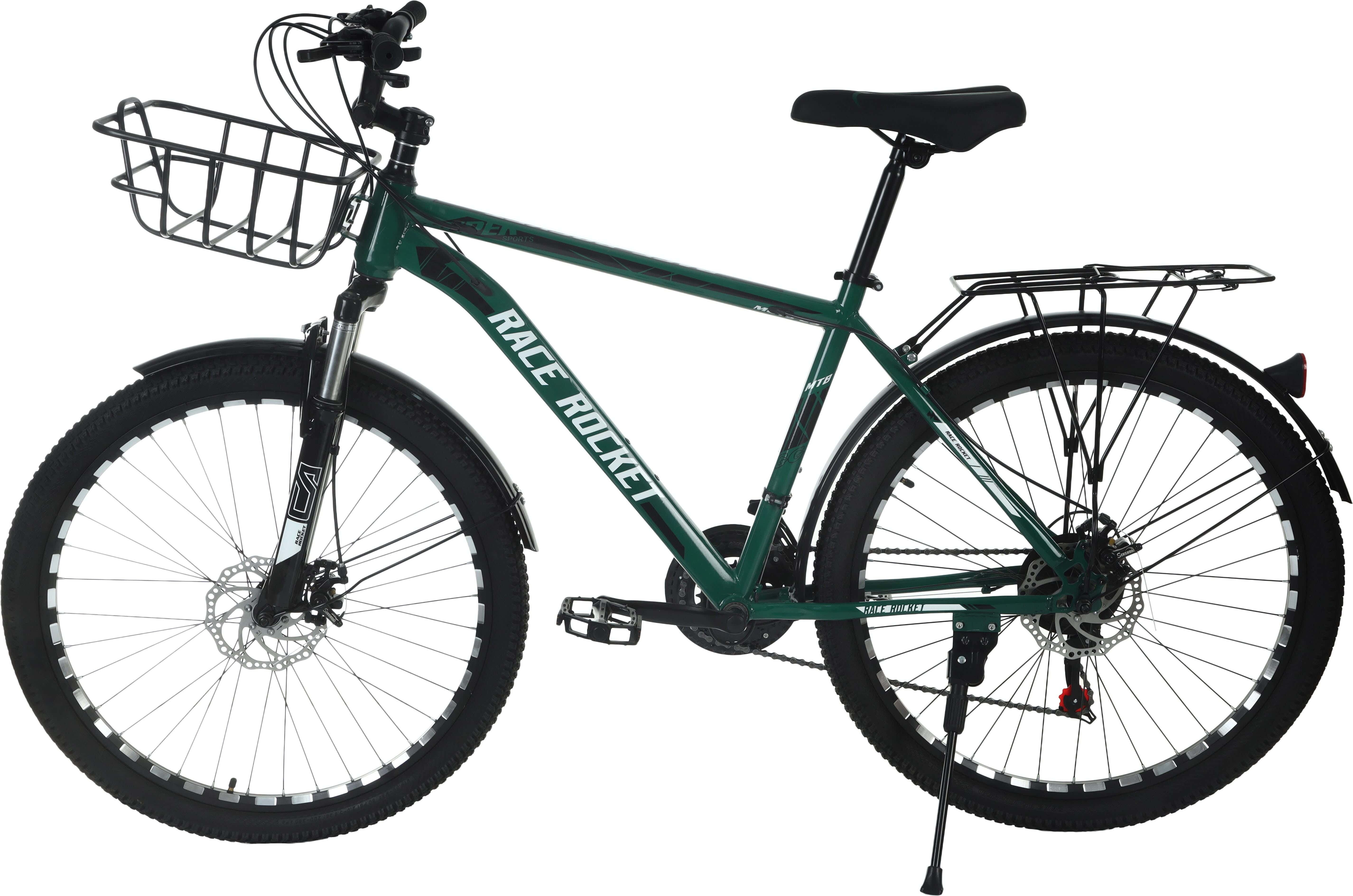 Race Roket Metal Bicycle For Adults, Size 26, Gears, Suspension, Front Basket - Dark Green