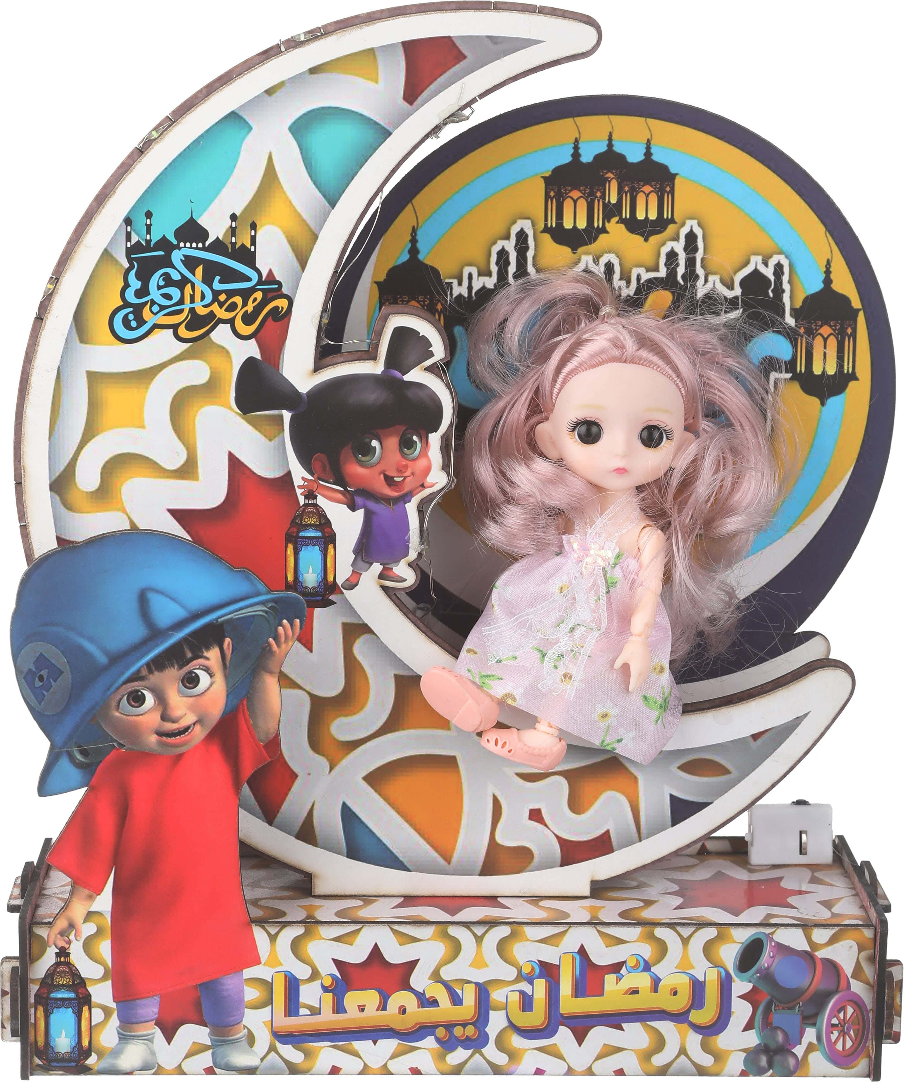 Wooden Ramadan Stand in Crescent Shape, with Doll, Sound and Light, Size: 26×32 cm - Multicolor