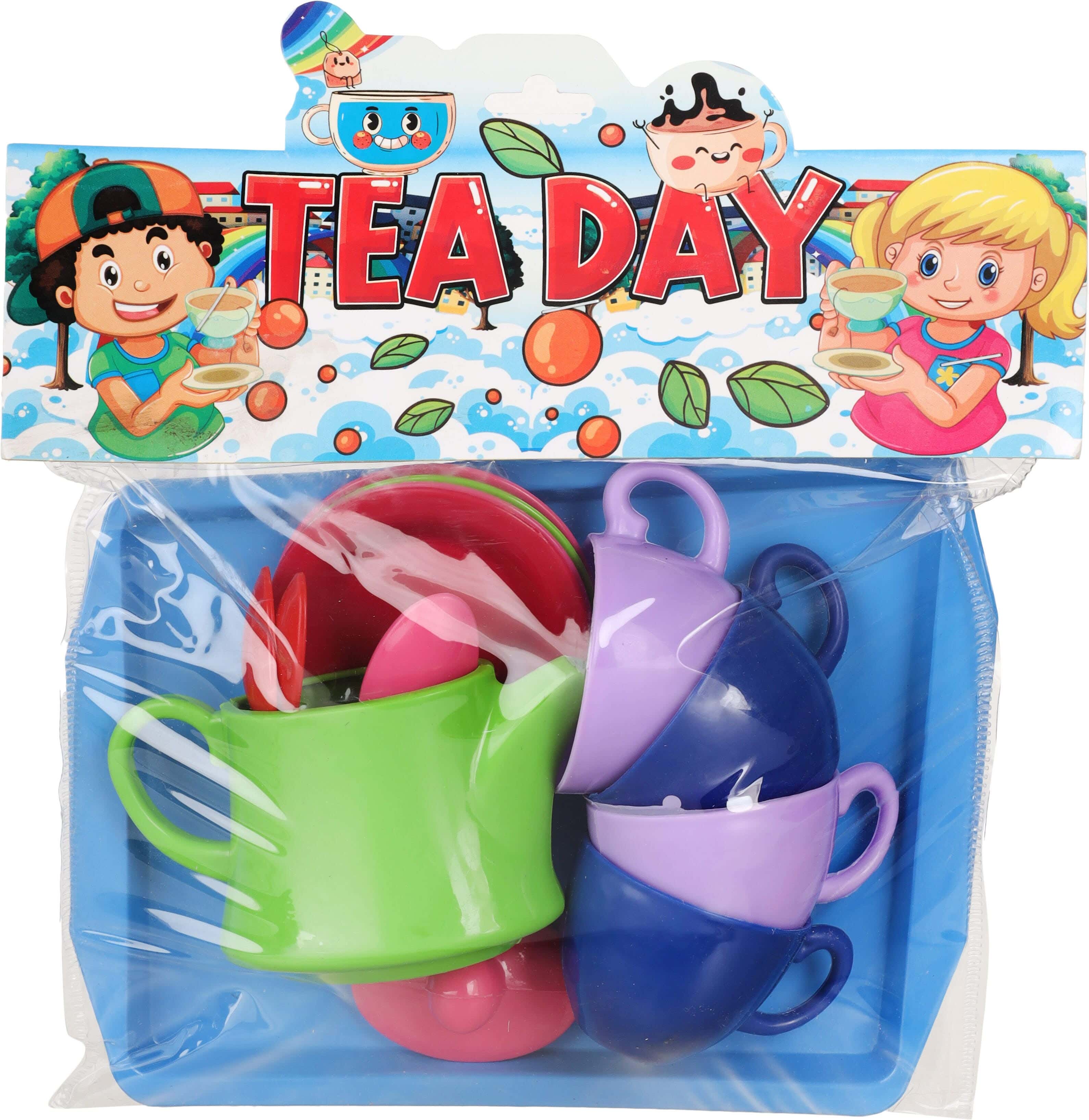 Plastic Teacup and Teapot Tray Set for Kids, 15 Pieces - Multicolor