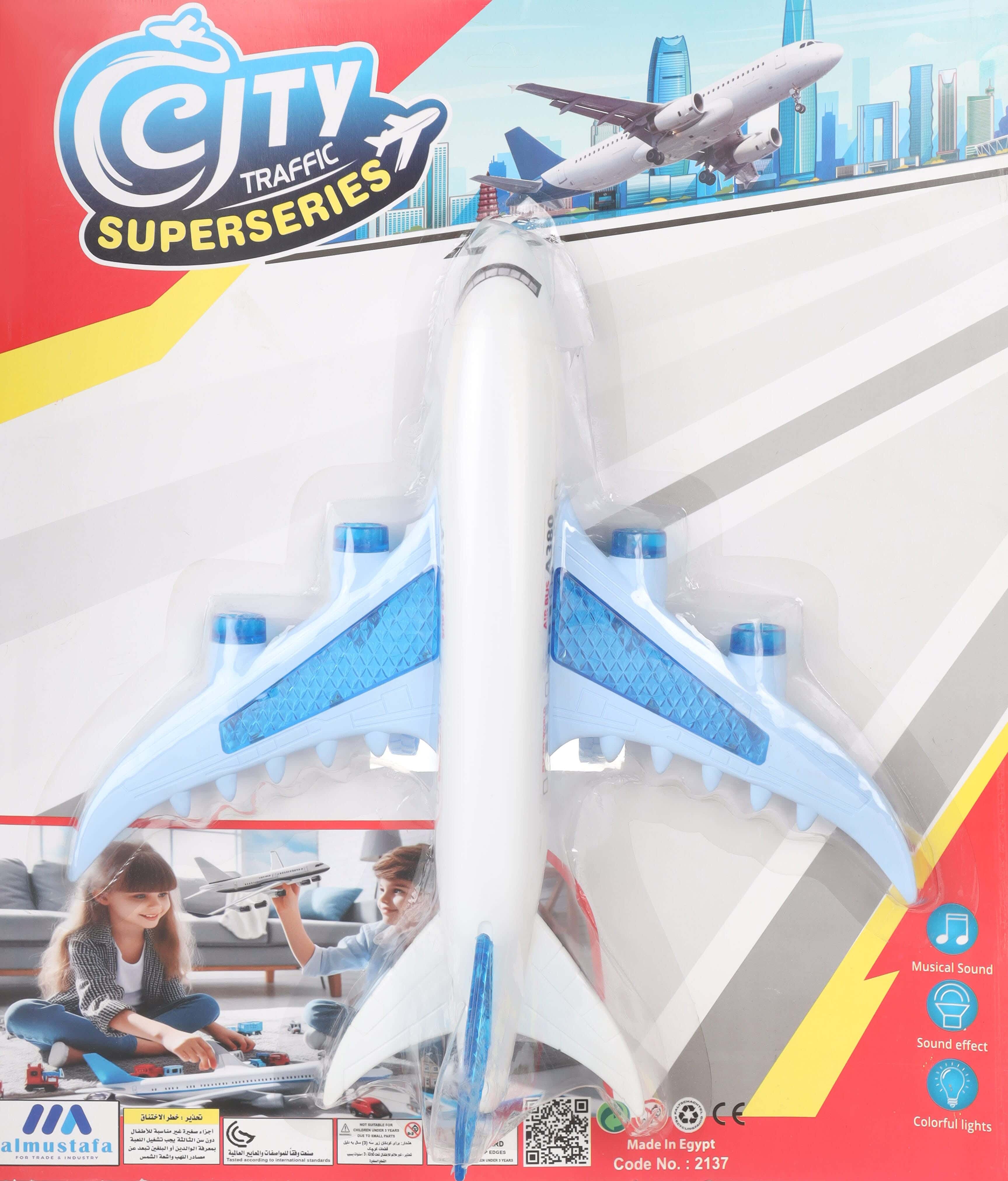 Plastic Toy Airplane For Kids, Manual Movement, Sound and Light - White Blue