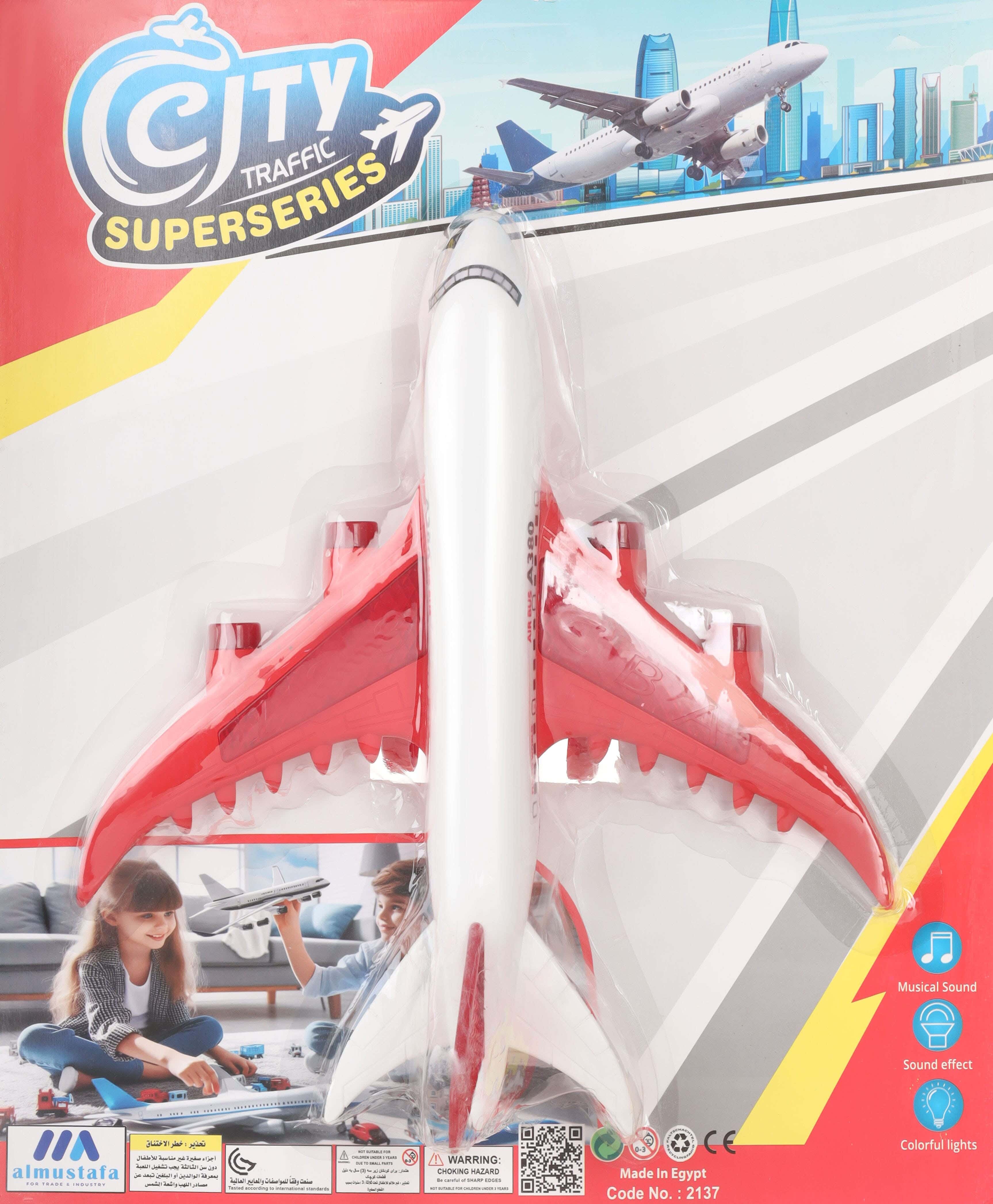 Plastic Toy Airplane For Kids, Manual Movement, Sound and Light - White Red