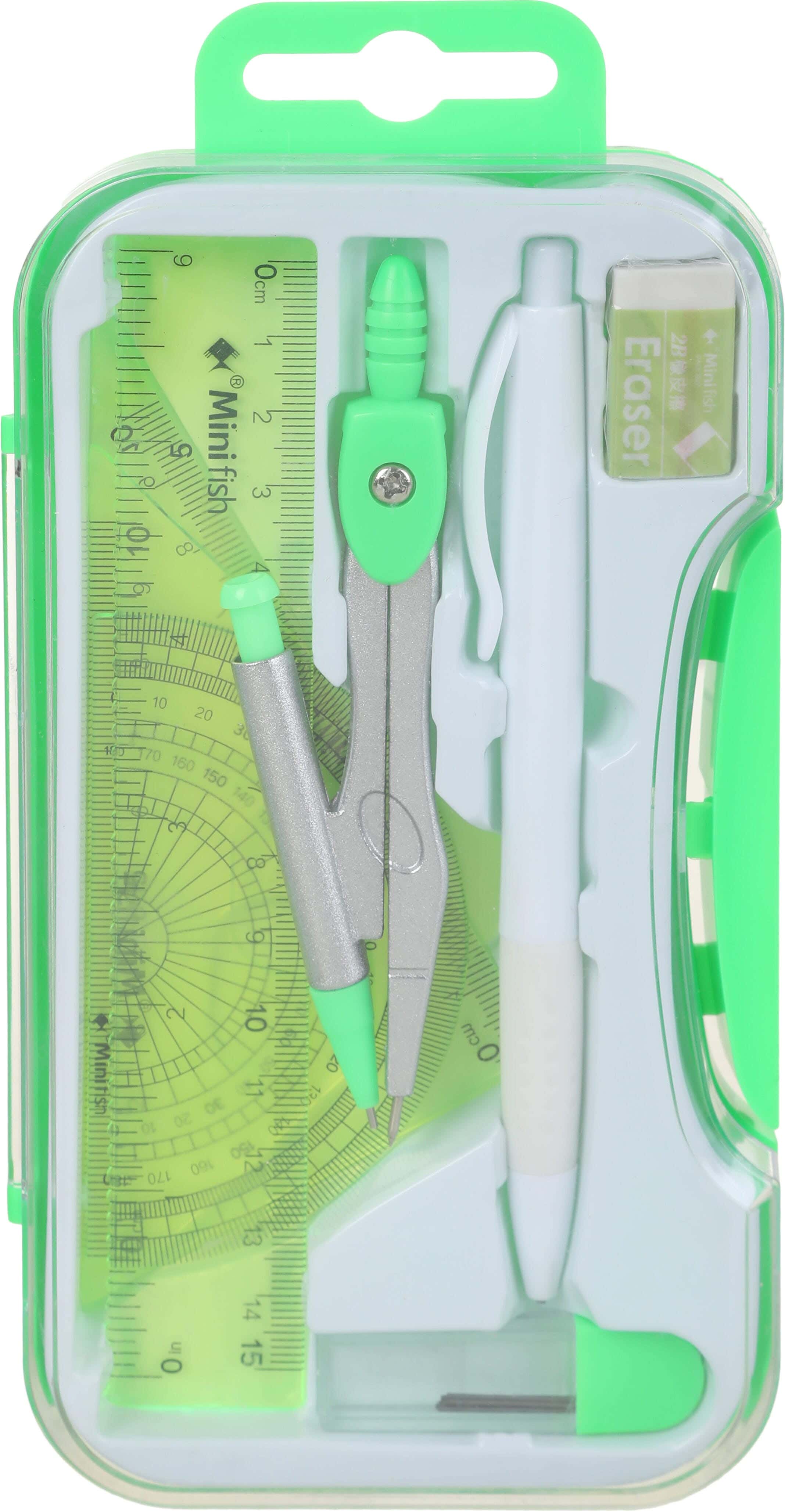 Metal compass and geometric drawing set, 8 pieces - Green white