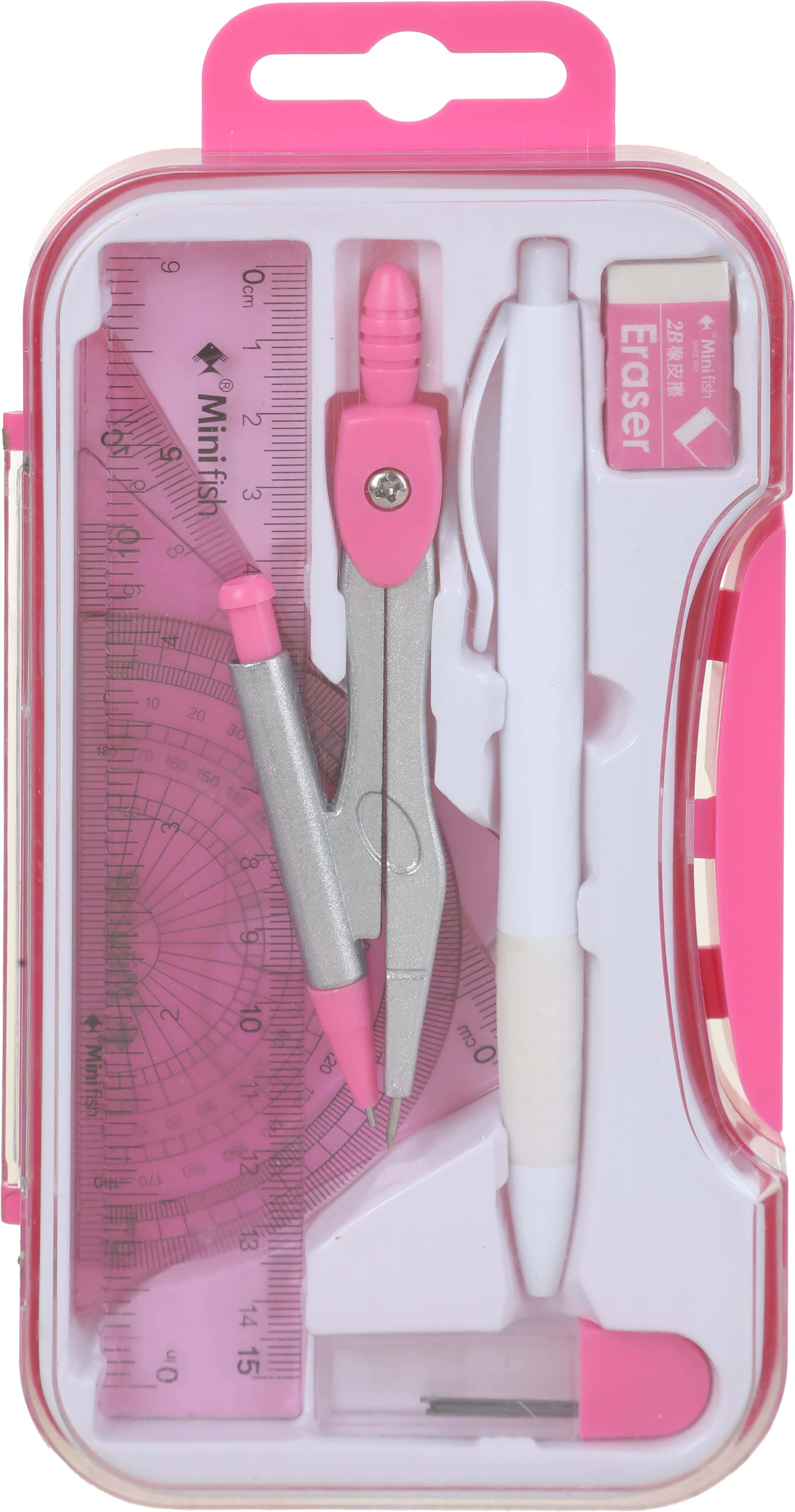 Metal compass and geometric drawing set, 8 pieces - Pink white