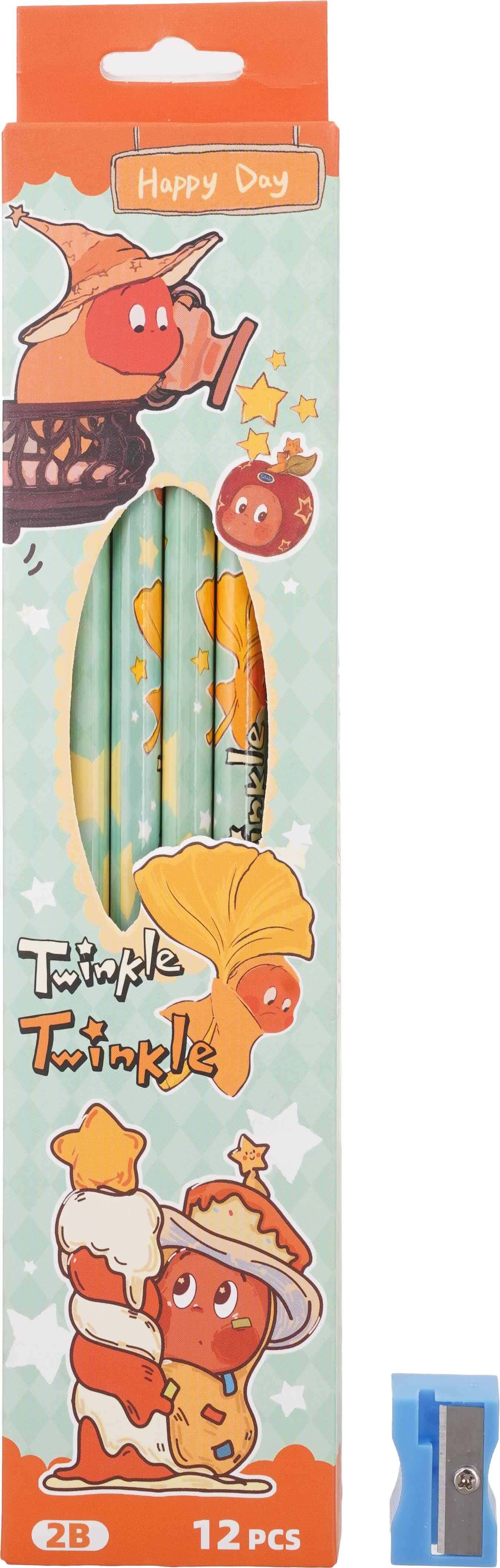 Pencil set, 12 pencils, 2B, with eraser and sharpener - Multicolor