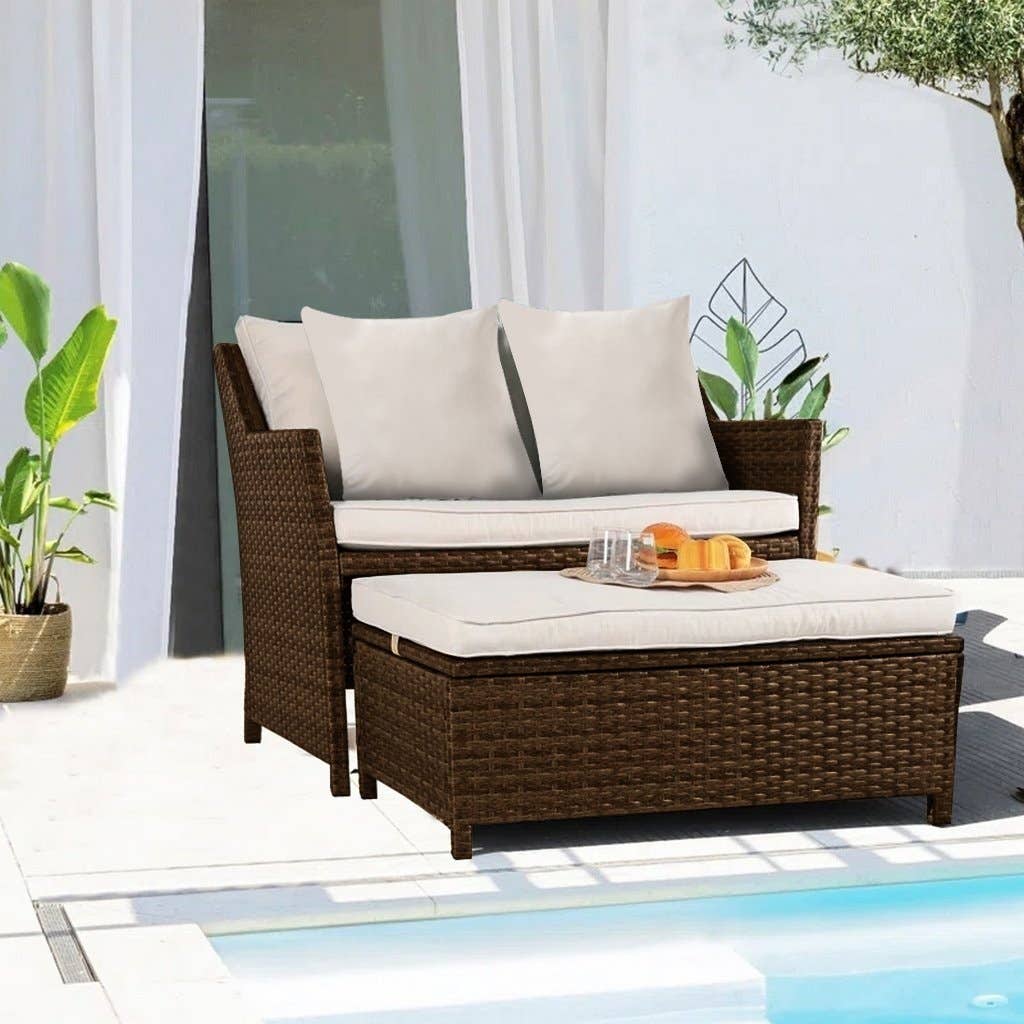 Outdoor Sofa And Footstool, Rattan And Jaguar Fabric, 155×55×80 Cm - Brown