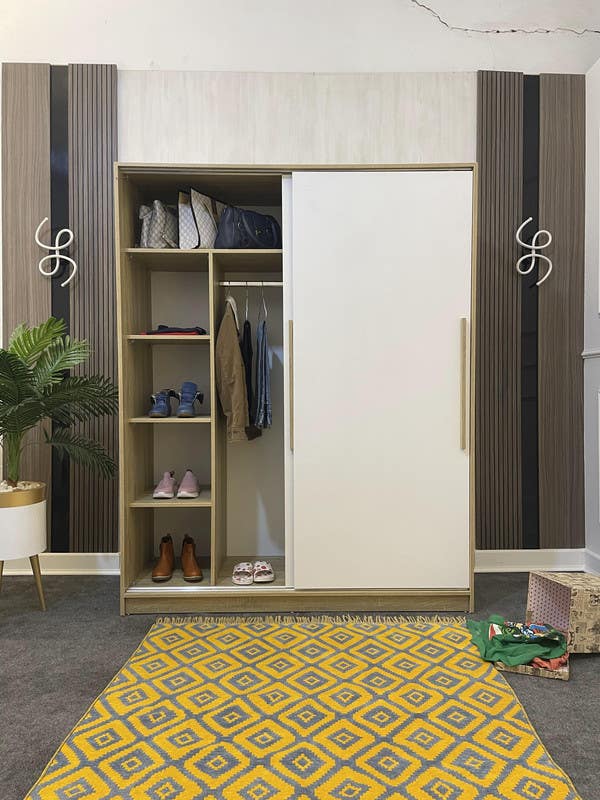 MDF Wood Wardrobe with Sliding Doors, 160x60x183 Cm - White Beige