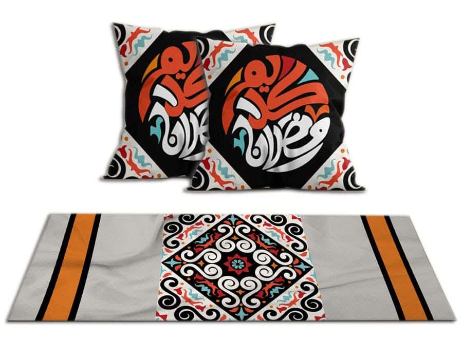 Velvet Runner Tablecloth Ramadan Pattern, With 2 Cushion Covers - Multicolor