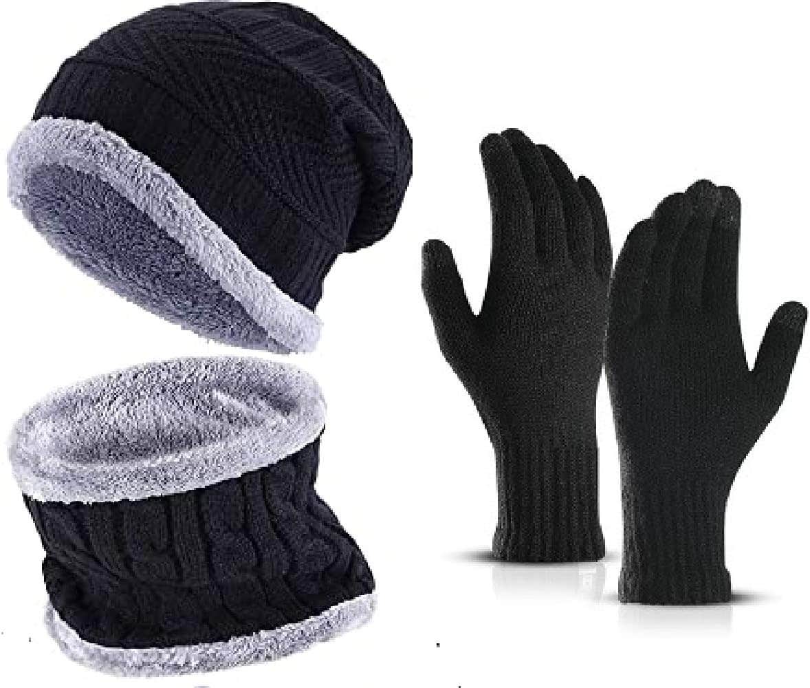 Huntsmans Woolen Winter Hat Set, One Size, 3 Pieces - Black