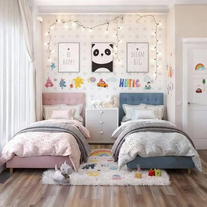 Beech Wood Kids Bed Set, 120x120x200 cm - Blue Cashmere