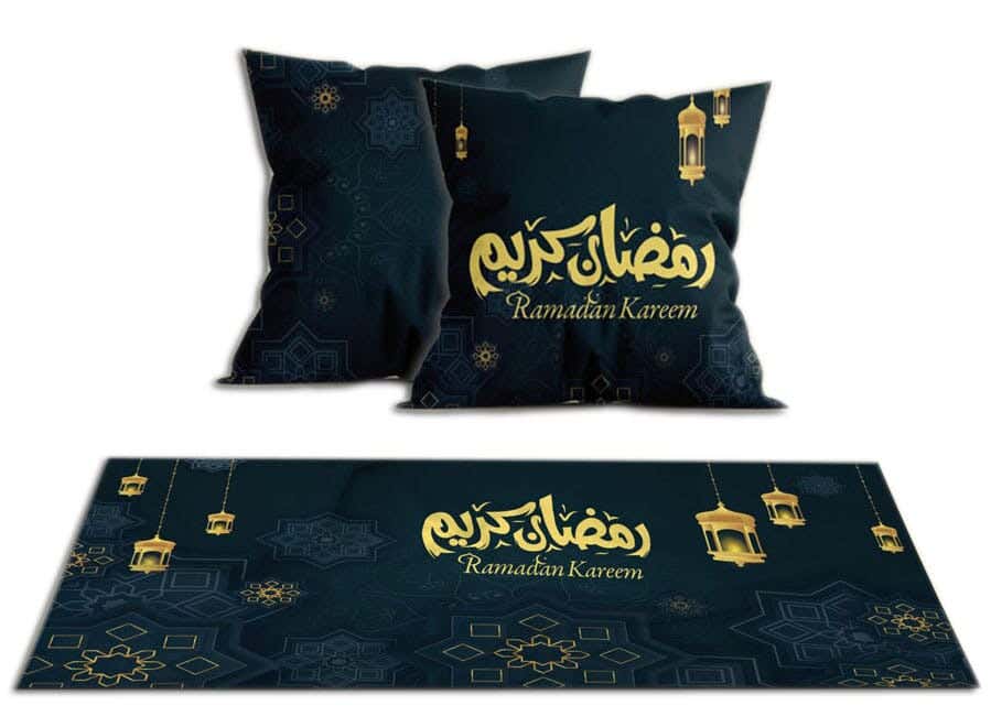 Velvet Runner Tablecloth Ramadan Pattern, With 2 Cushion Covers - Multicolor