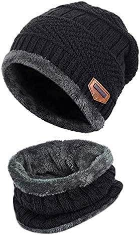 Lined Fur Winter Hat, One Size, 2 Pieces - Black