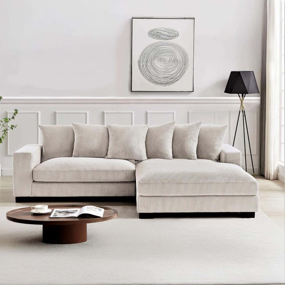 L-shaped corner sofa, beech wood, velvet upholstery, 175x260x85x90 ​​cm - Off-white