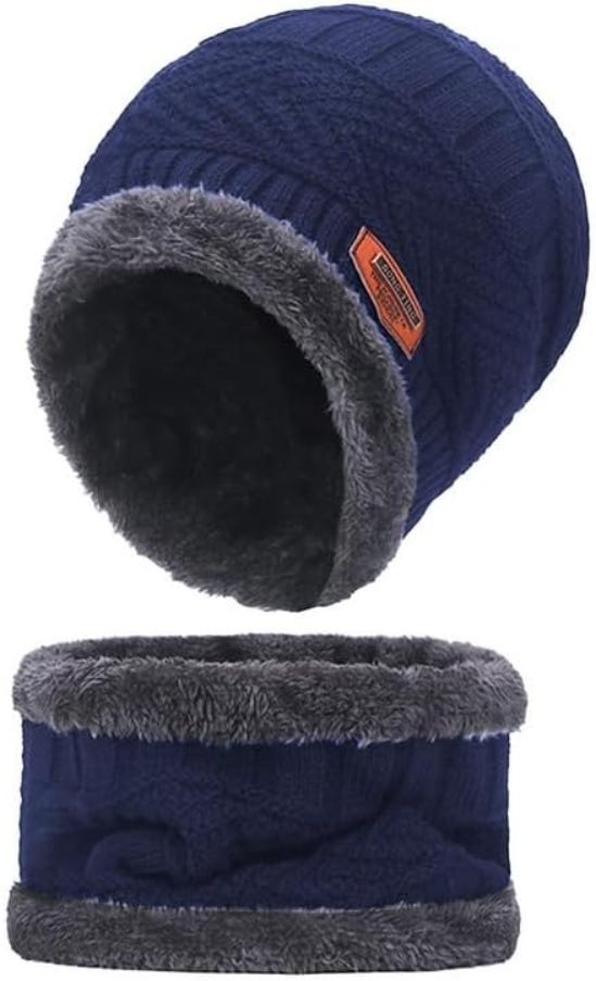 Missby Winter Knitted Hat With Scarf And Touch Screen Gloves Set - Navy Blue