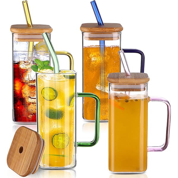 Glass Cups With Bamboo Lid And Glass Straw, 400Ml, 4 Pieces - Clear