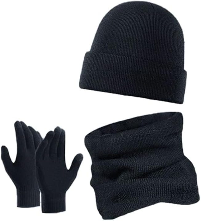 Winter Beanie Hat, Scarf And Touchscreen Gloves Set, 3 Pieces - Black
