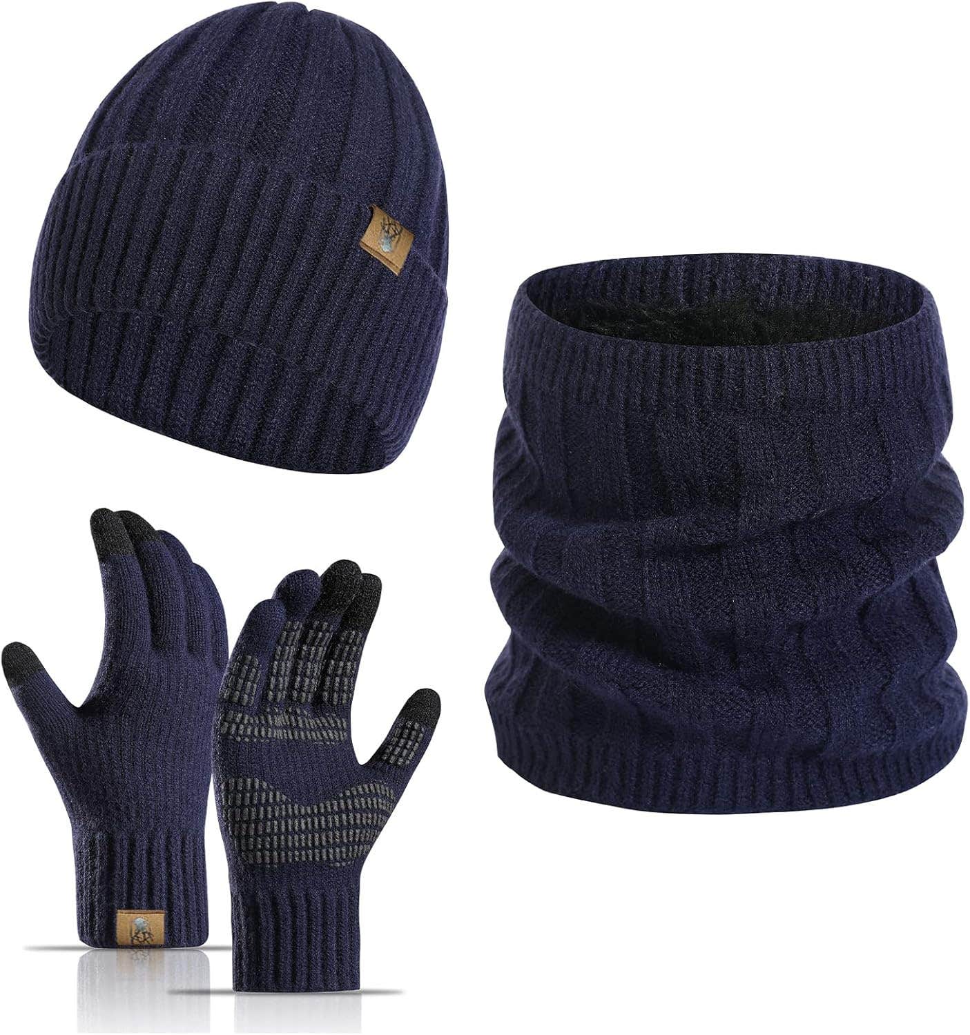 Insismy Knitted Winter Beanie Set, One Size, 3 Pieces - Black