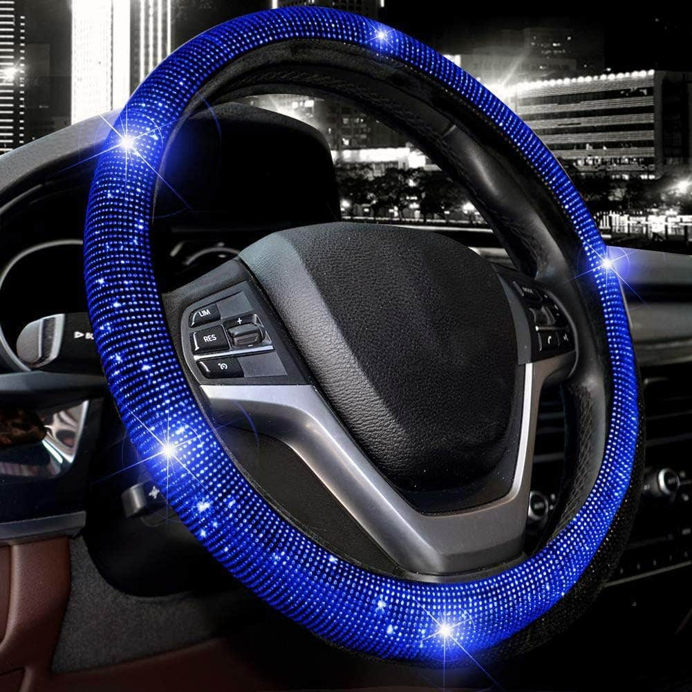 Steering Wheel Cover With Rhinestones, 3 Pieces - Blue