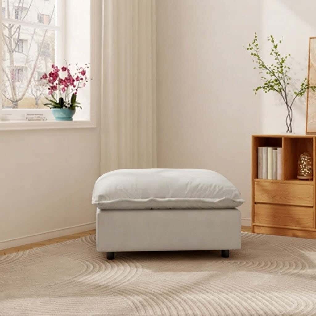 Pouf made of beech wood and velvet fabric, 70x70 cm - Off-white