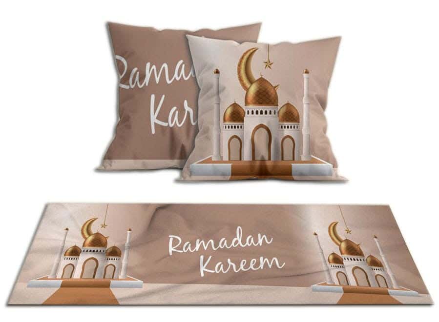Velvet Runner Tablecloth Ramadan Pattern, With 2 Cushion Covers - Multicolor