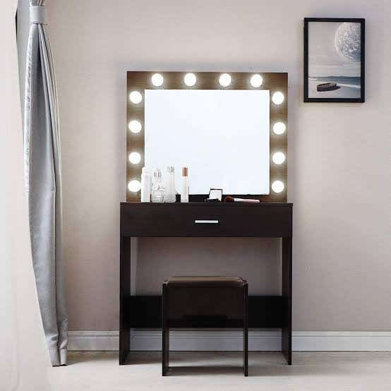Spanish MDF Wood Table , Drawer, Mirrors and 12 Lamps (Wthout a chair), 180 x 100 x 40 cm - Black