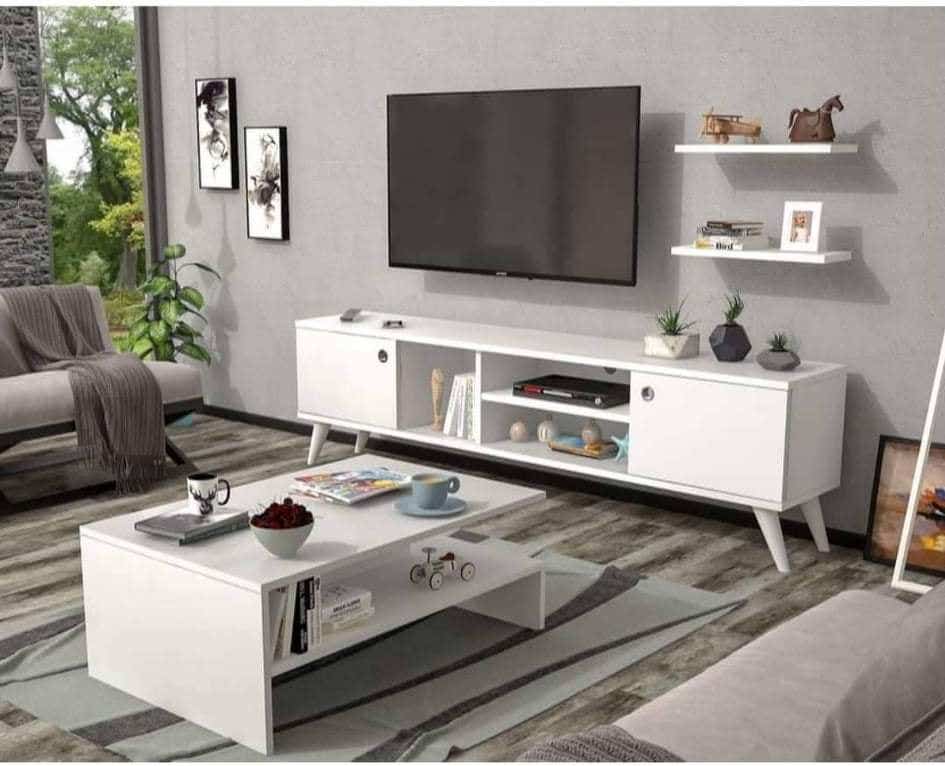 MDF Wood Modern Screen Table With Center Table - White