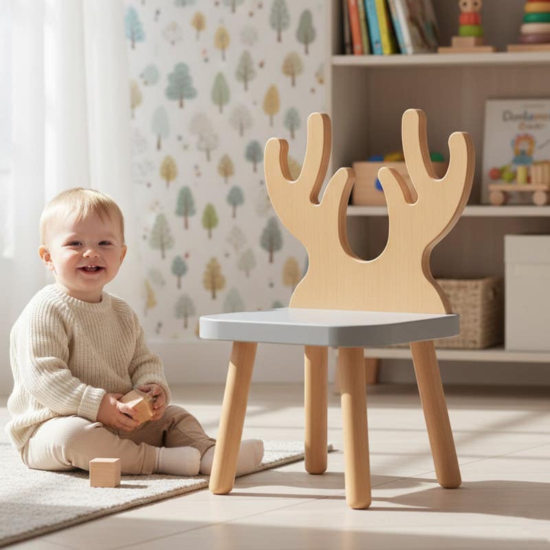 Moskey Wood Children Chair, 35x35x60 cm - Beige Grey