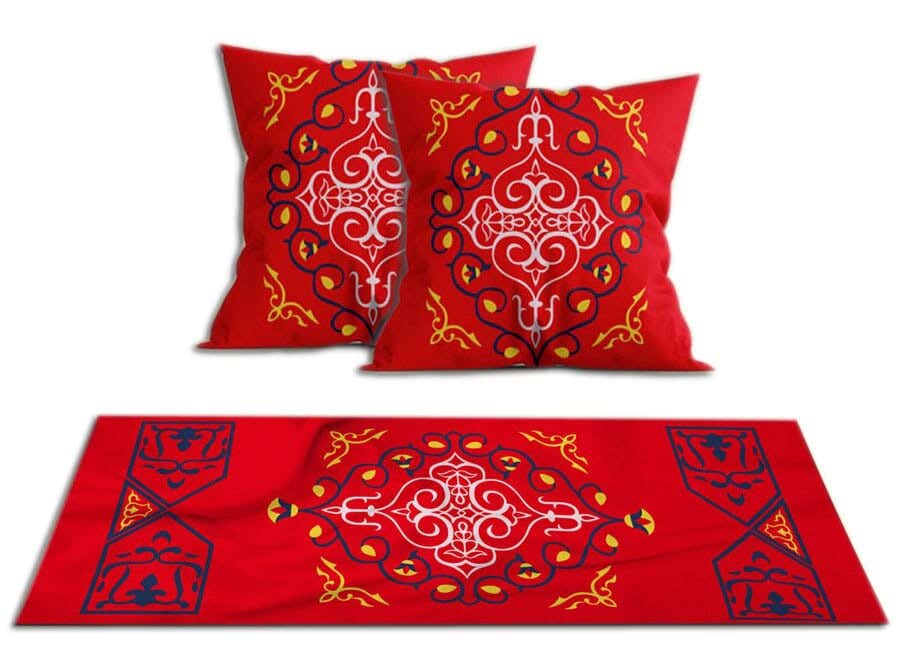 Velvet Runner Tablecloth Ramadan Pattern, With 2 Cushion Covers - Multicolor