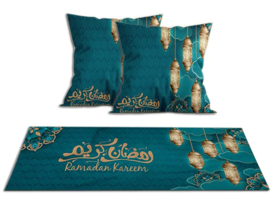 Velvet Runner Tablecloth Ramadan Pattern, With 2 Cushion Covers - Multicolor