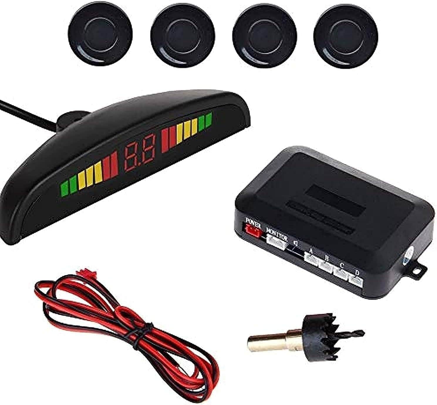LED Car Parking Sensor With Backup Radar Detector System, 4 Pieces - Black