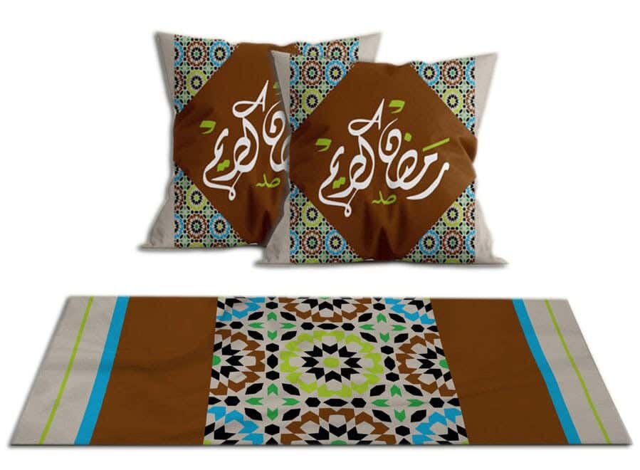 Velvet Runner Tablecloth Ramadan Pattern, With 2 Cushion Covers - Multicolor
