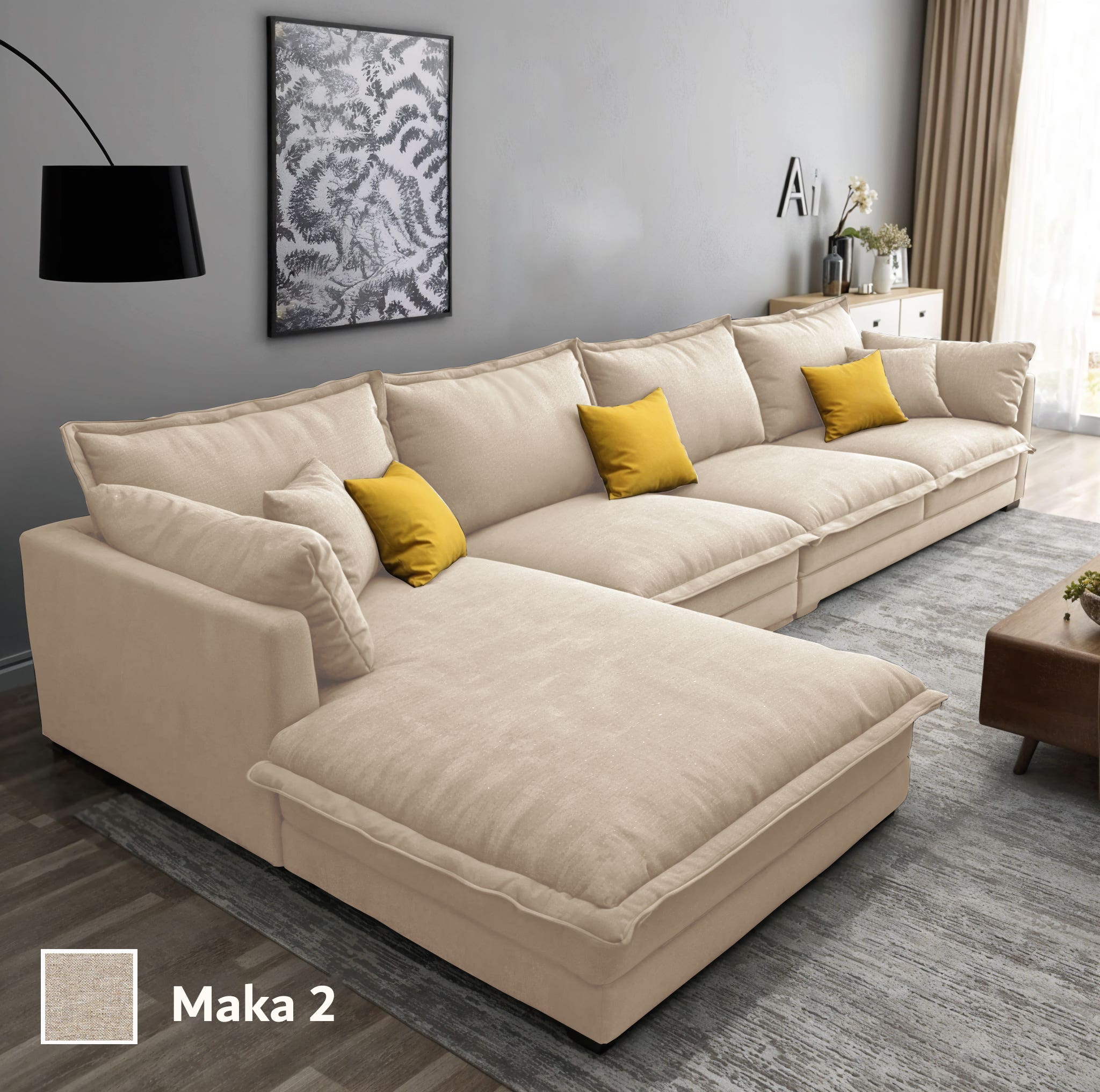 L-shaped corner sofa, 2 pieces, Mosky wood, linen fabric, 300x200x80x70 cm - Dark Beige
