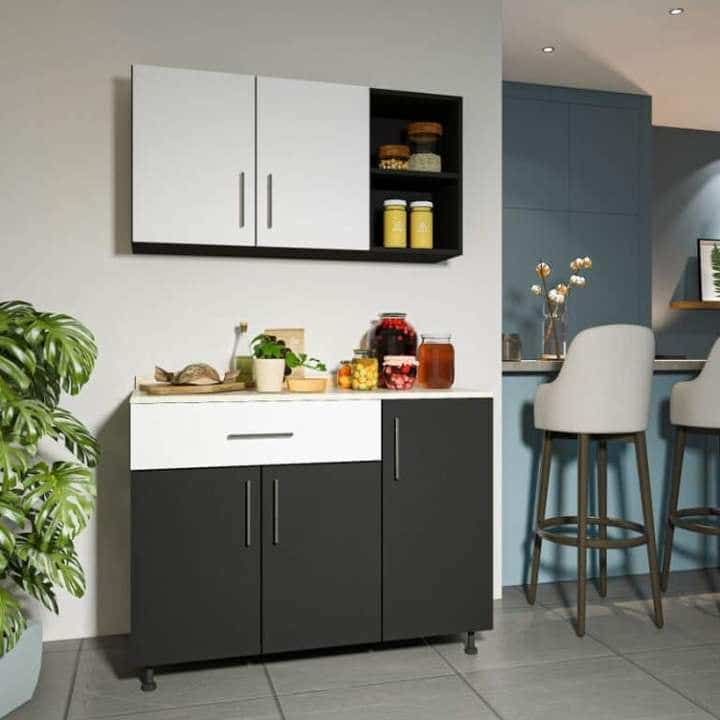 Counter Wood Kitchen Cabinet, 2-Piece With Marble - Black White