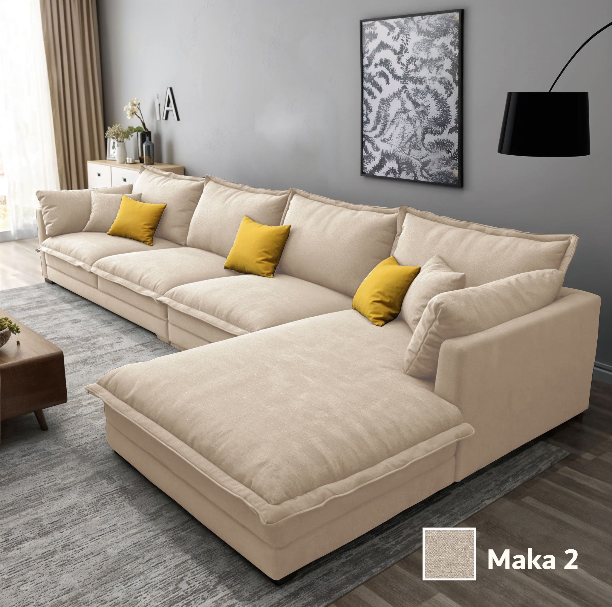 L-shaped corner sofa, 2 pieces, Mosky wood, linen fabric, 300x200x80x70 cm - Dark Beige