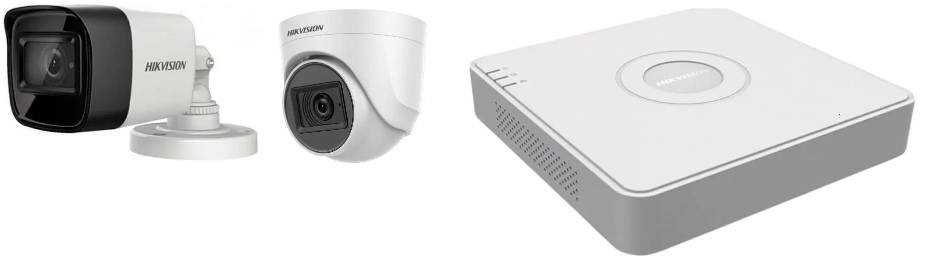 Hikvision DS-2CE16D0T-EXIPF Fixed Mini Bullet Camera, 2MP - White Black With Hikvision DS-2CE76D0T-EXIPF Indoor Fixed Turret Camera, 2MP - White Black + Hikvision DS-7104HGHI-K1 Lite Mini DVR, 4-ch, 1080p - White