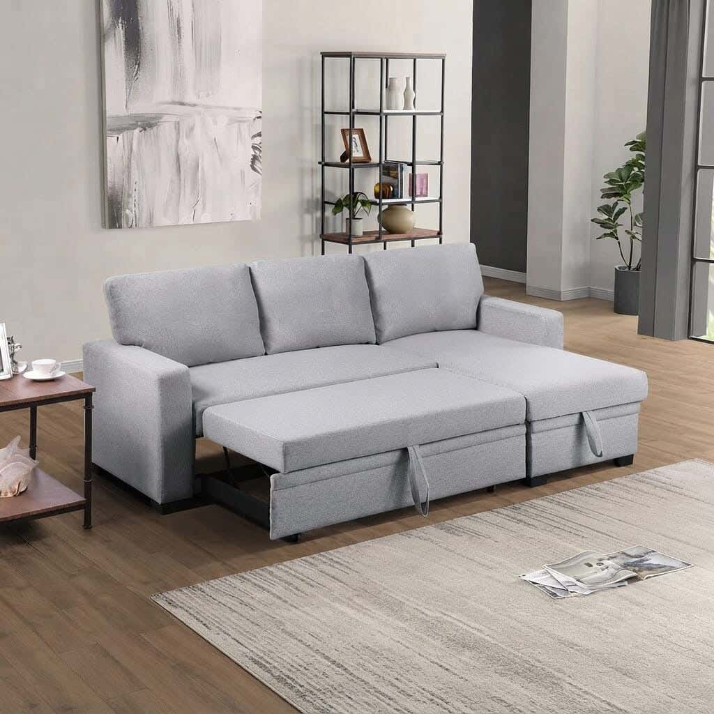 Corner bed with storage, beech wood and linen fabric, 140×280×80 cm - light gray