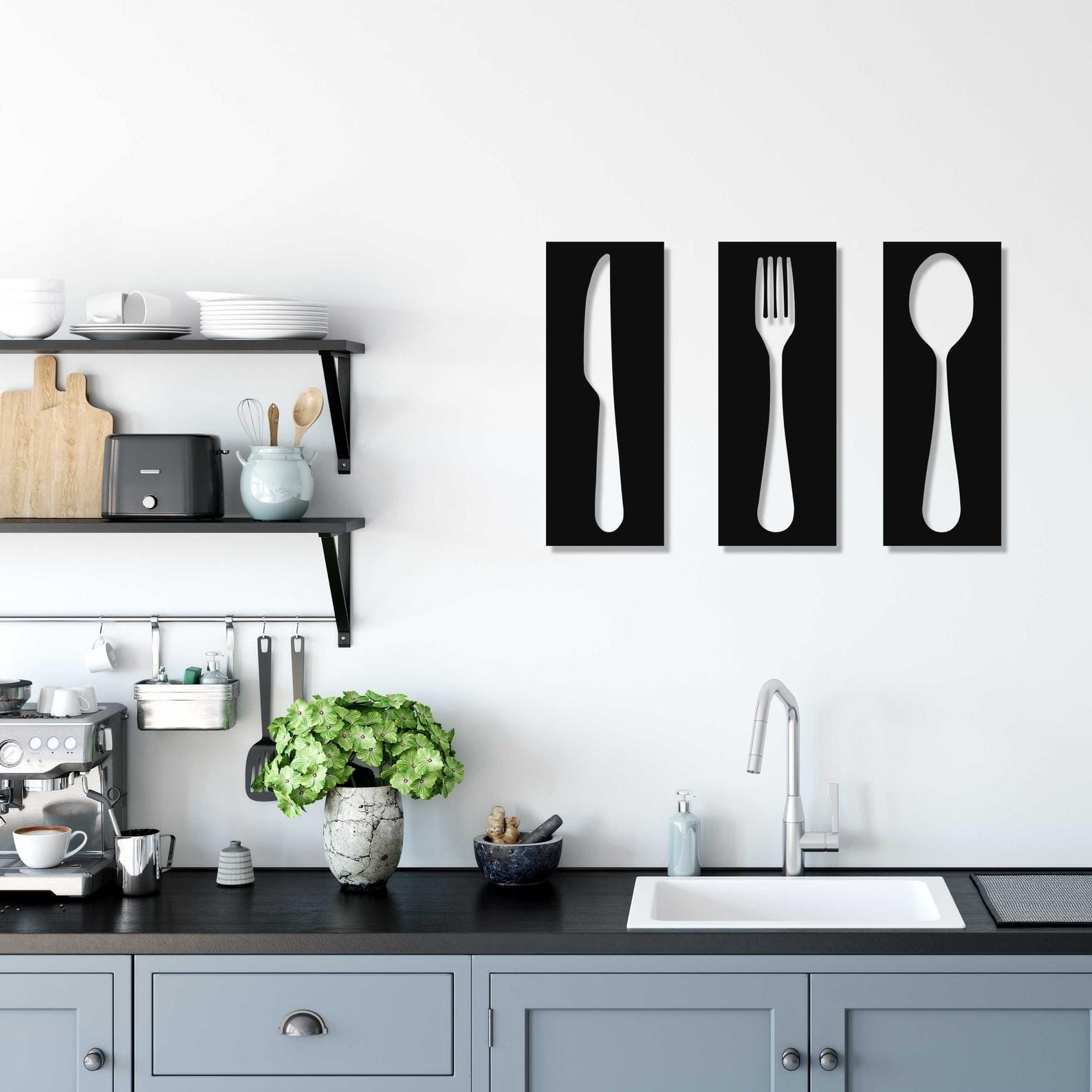 MDF Fork, Spoon & Knife Kitchen Wall Hanging Décor Set, 120X42X0.5 Cm - Black